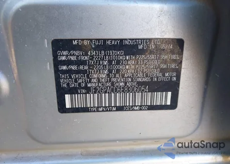 2014 Subaru Xv Crosstrek 2.0I Premium z USA, uszkodzony, nr VIN JF2GPACC6E8306054